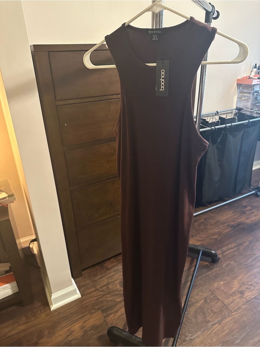Boohoo Sleeveless Ribbed Midi Dress in Dark Brown